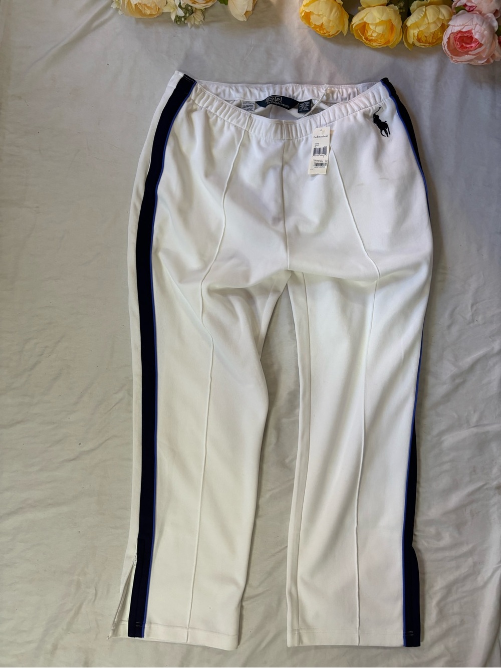 Ralph Lauren White Sweatpants with Navy Side Stripes